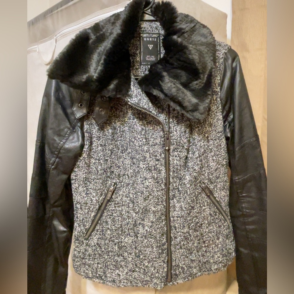 GUESS Women's Leather Jacket in Black and Gray